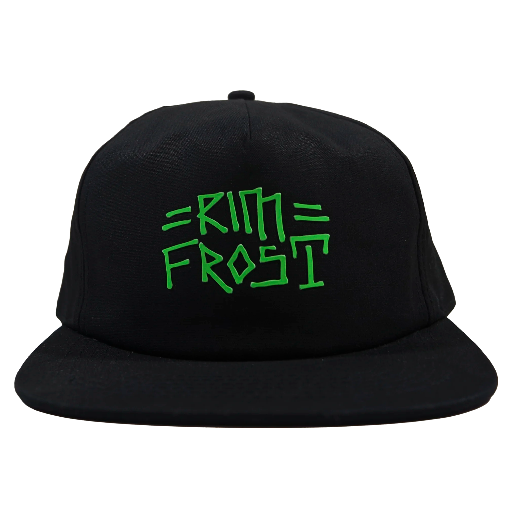 Black cap with green text on a white background