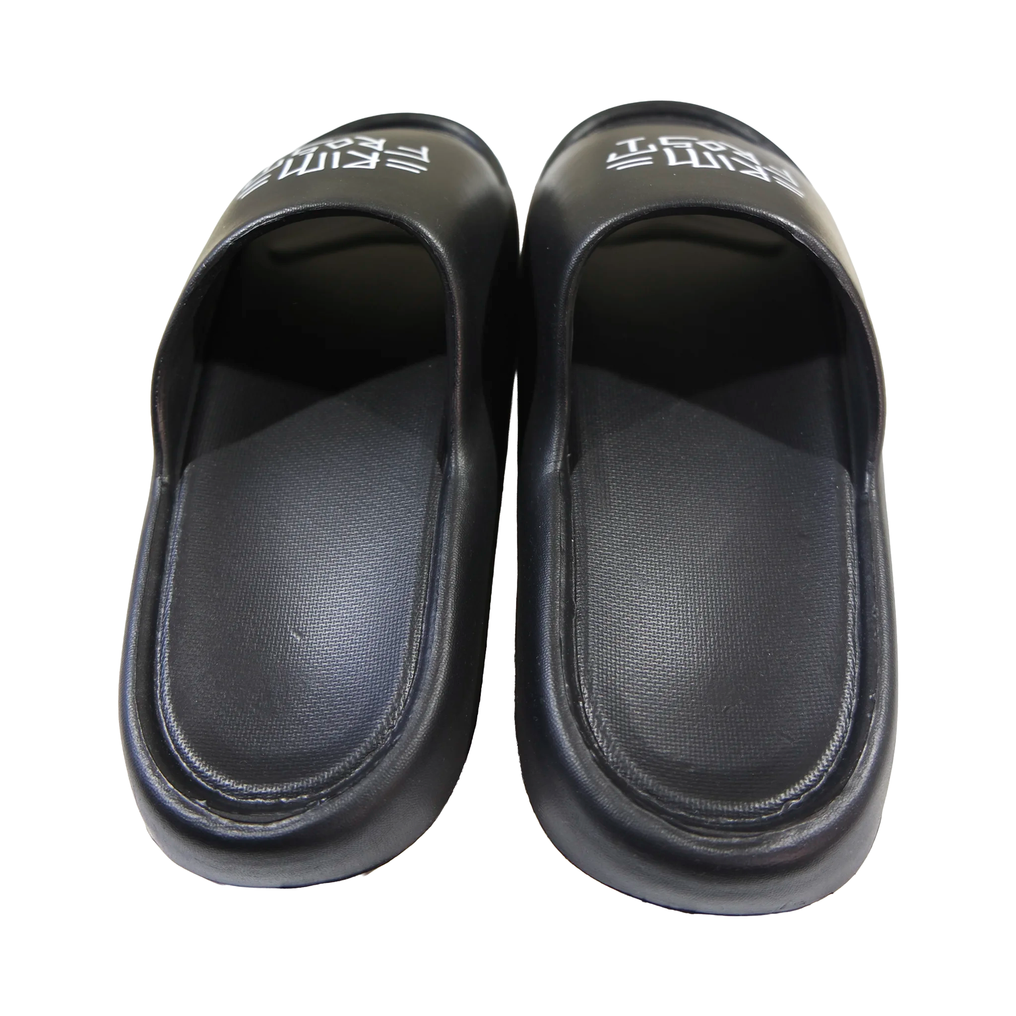 Pair of black slides with brand logo on a white background