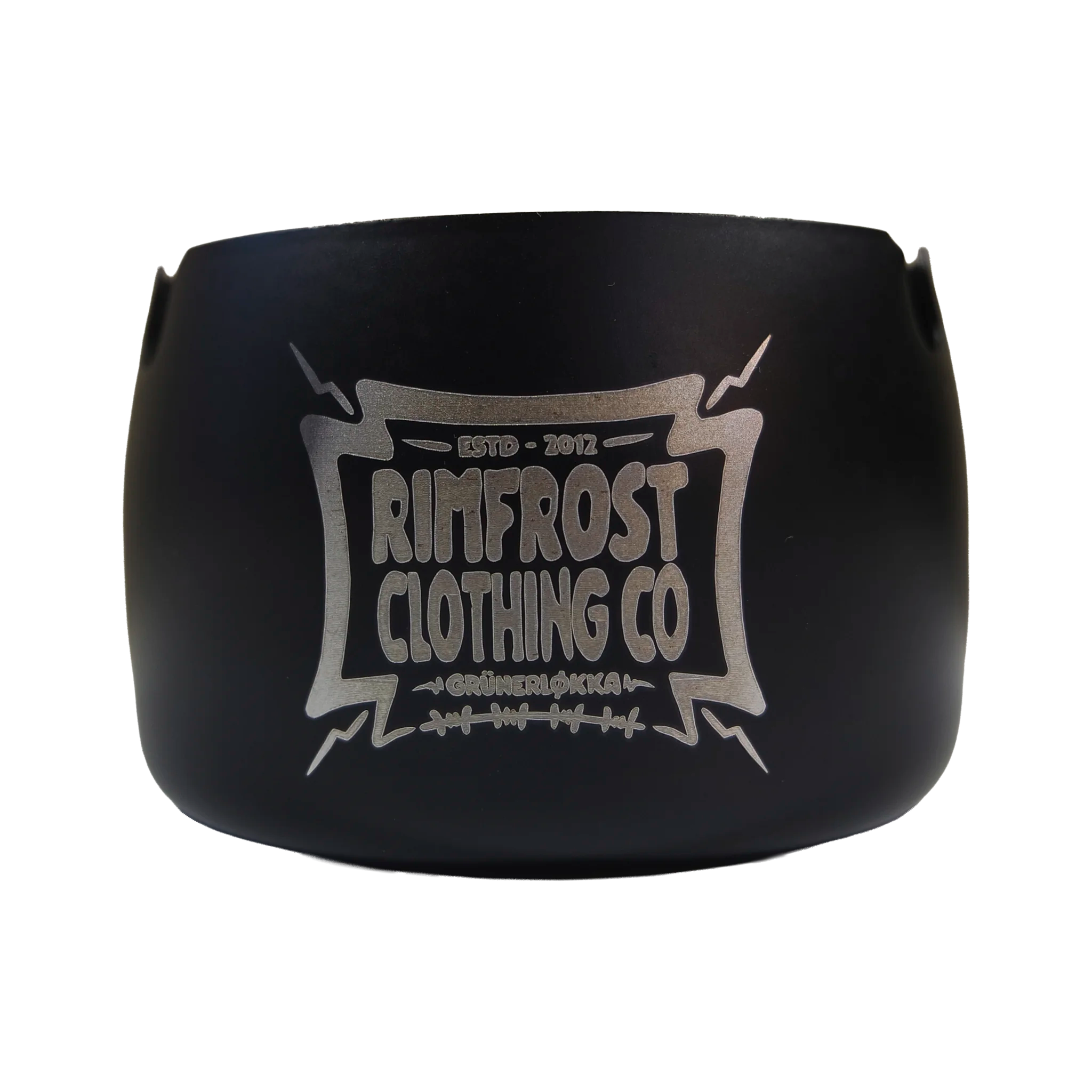 Black ashtray with 'Rimfrost Clothing Co' logo on a white background