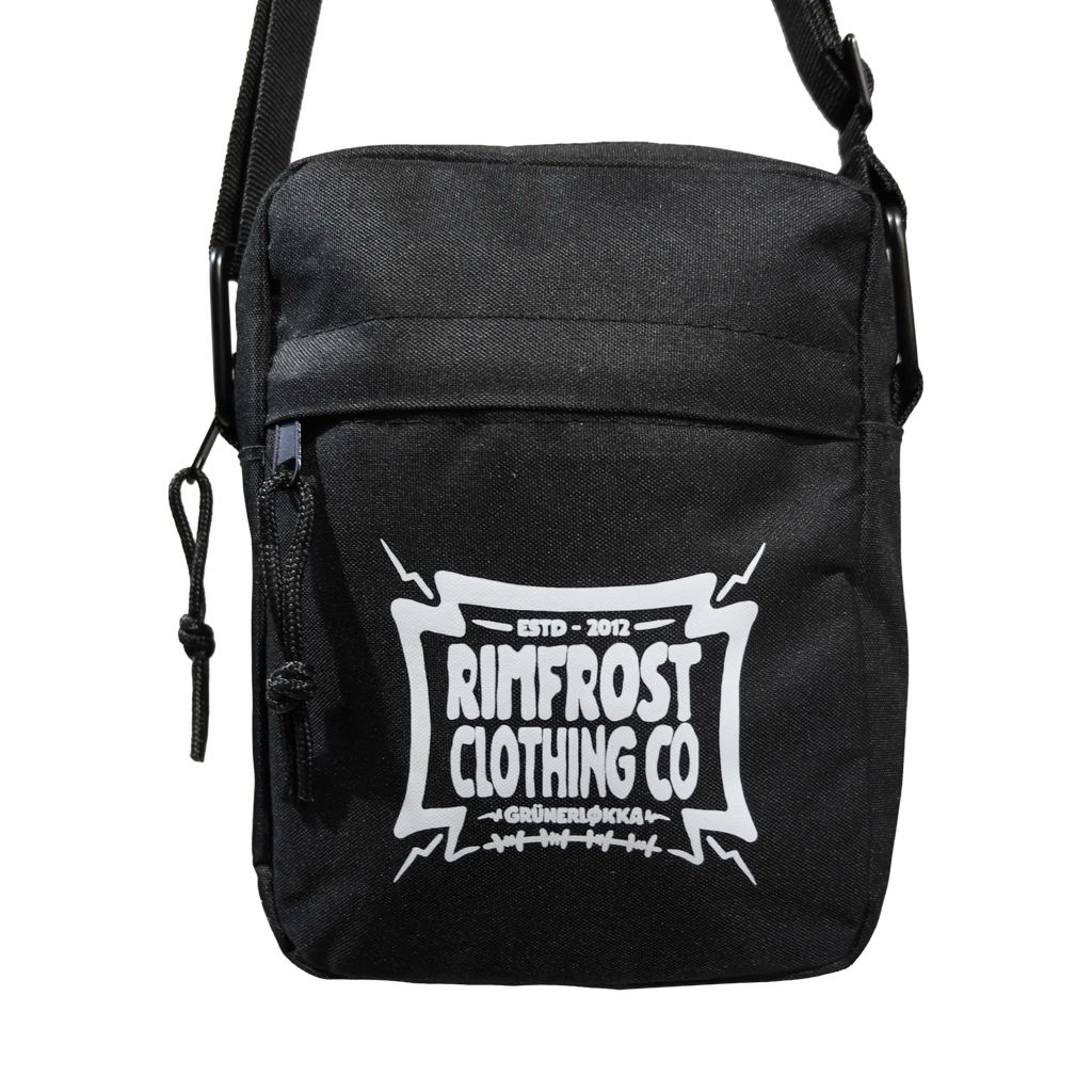 Black shoulder bag with Rimfrost Clothing Co logo on a white background