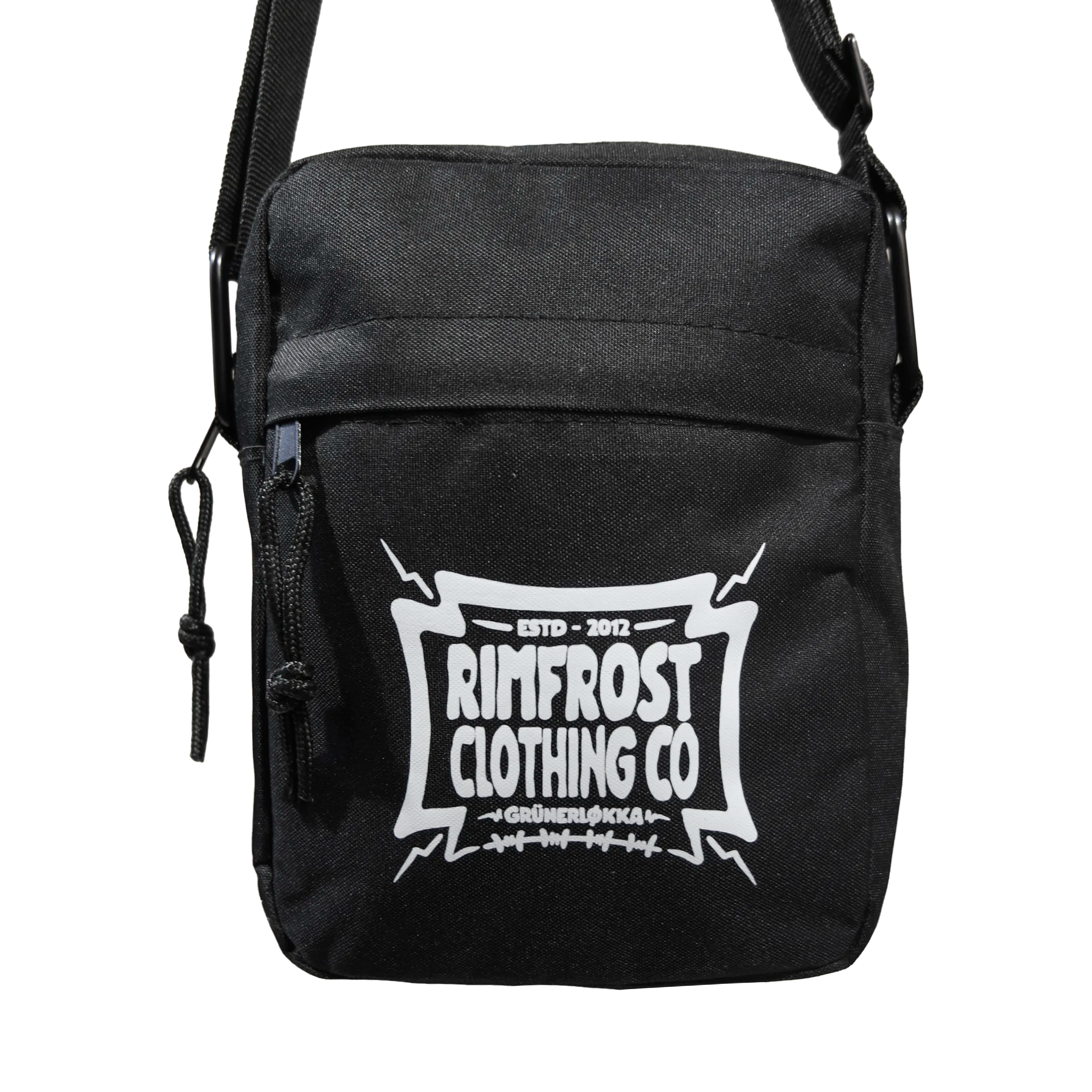 Black shoulder bag with Rimfrost Clothing Co logo on a white background