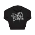 Black hoodie with white graphic design on the back against a white background