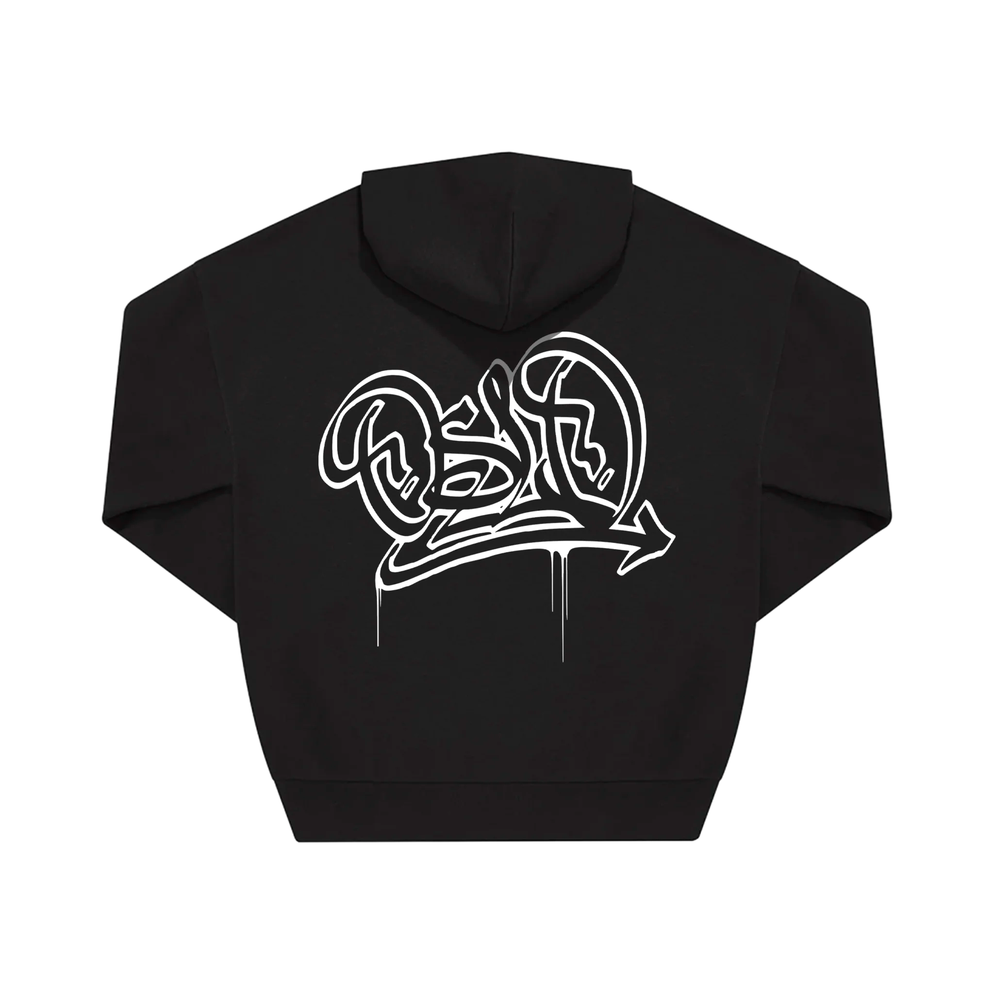 Black hoodie with white graphic design on the back against a white background