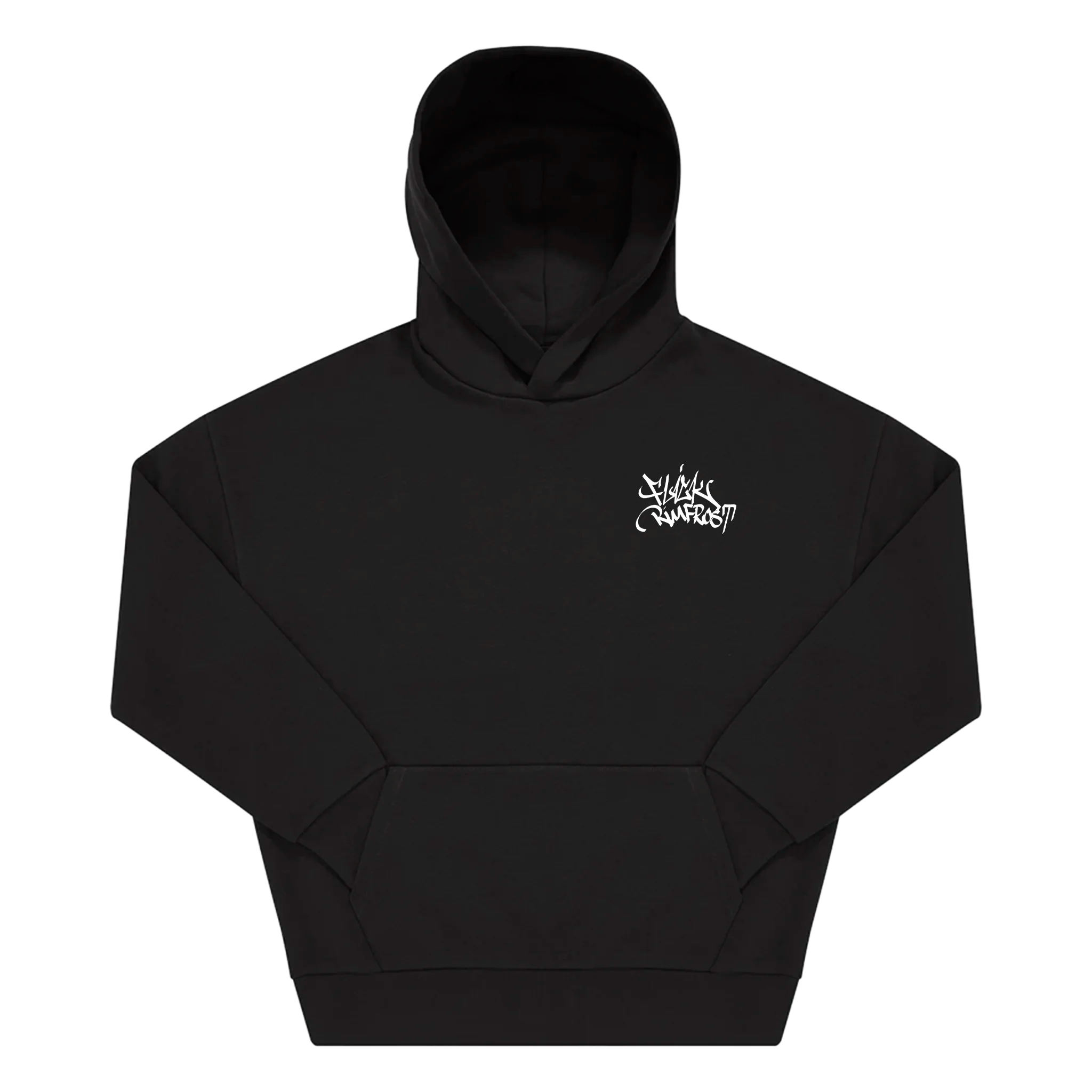 Black hoodie with a small white logo on a white background