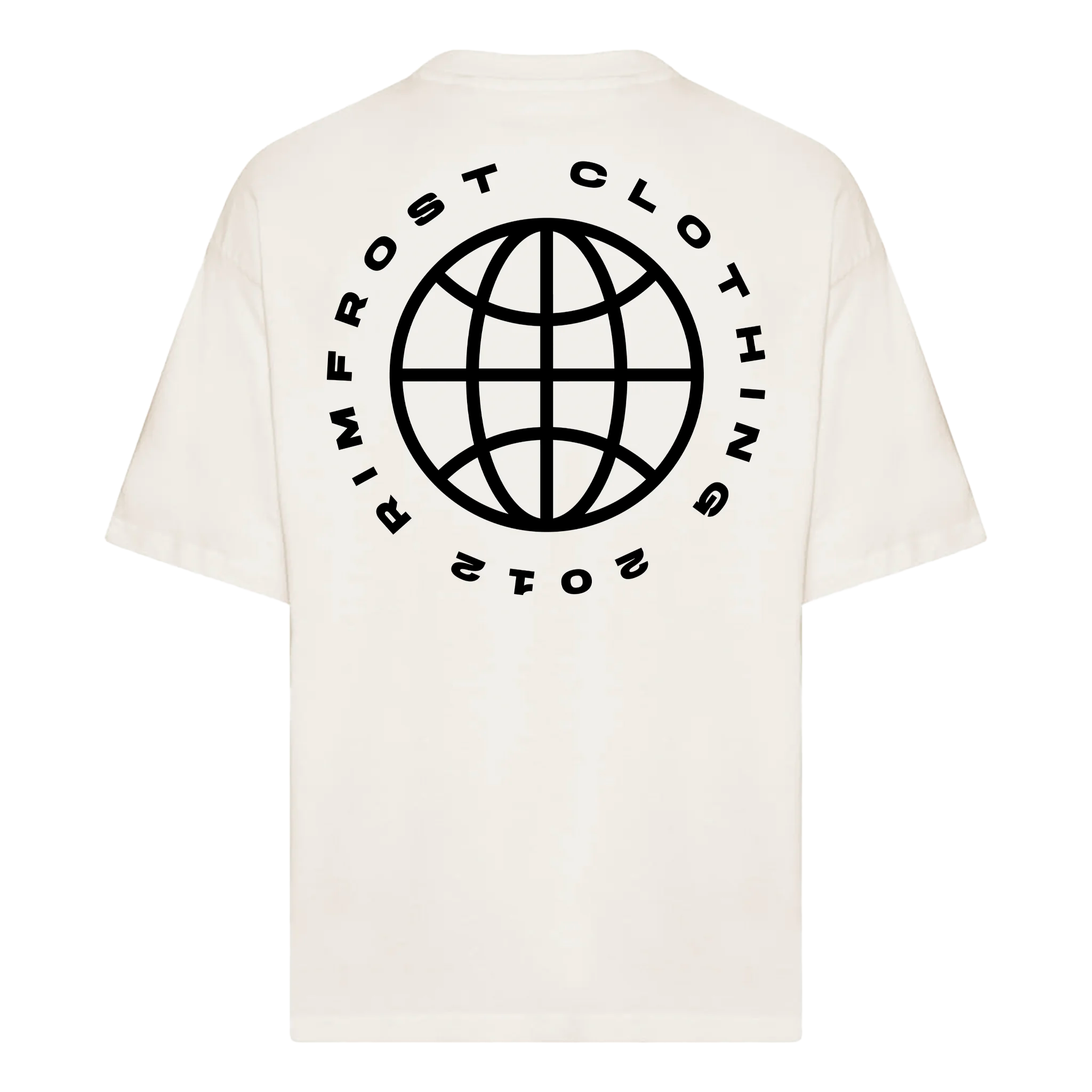 White t-shirt with a black globe logo and text on the back against a white background