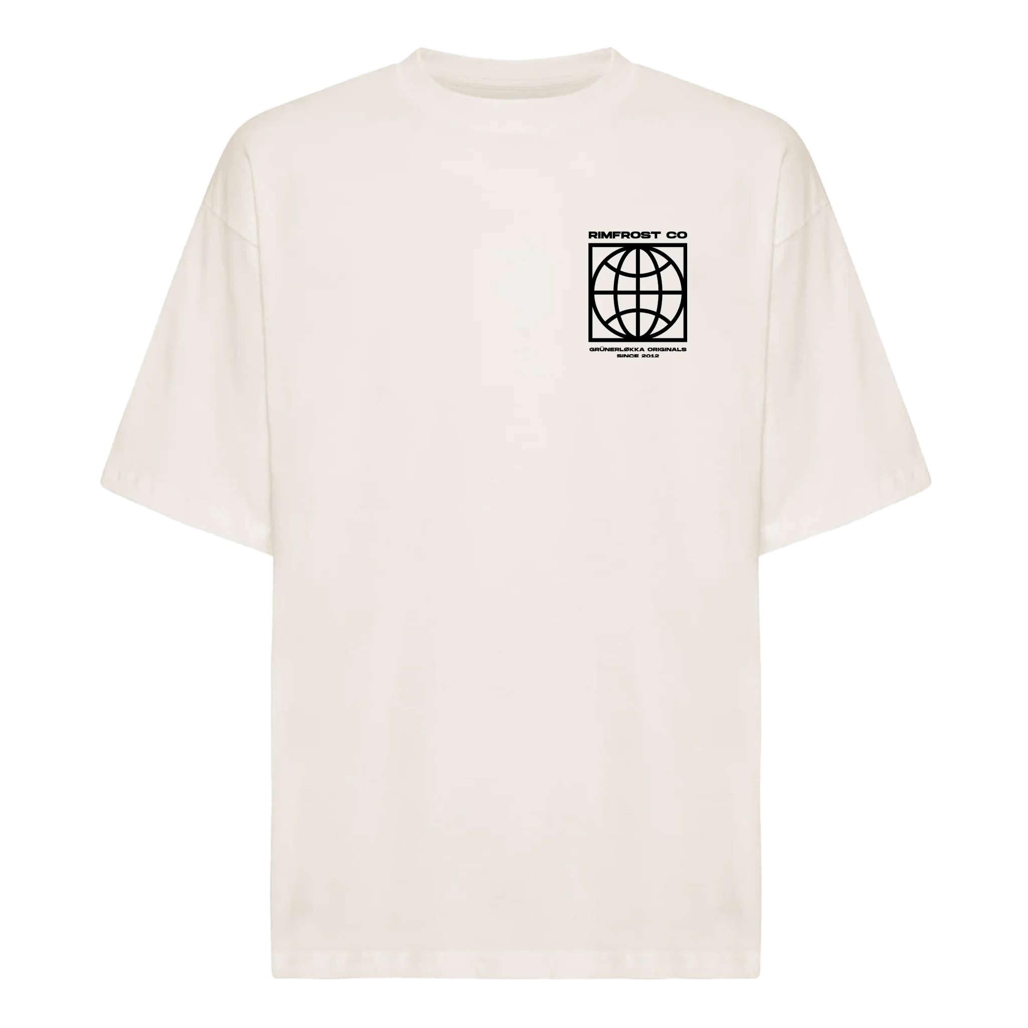 White t-shirt with a black logo on a white background