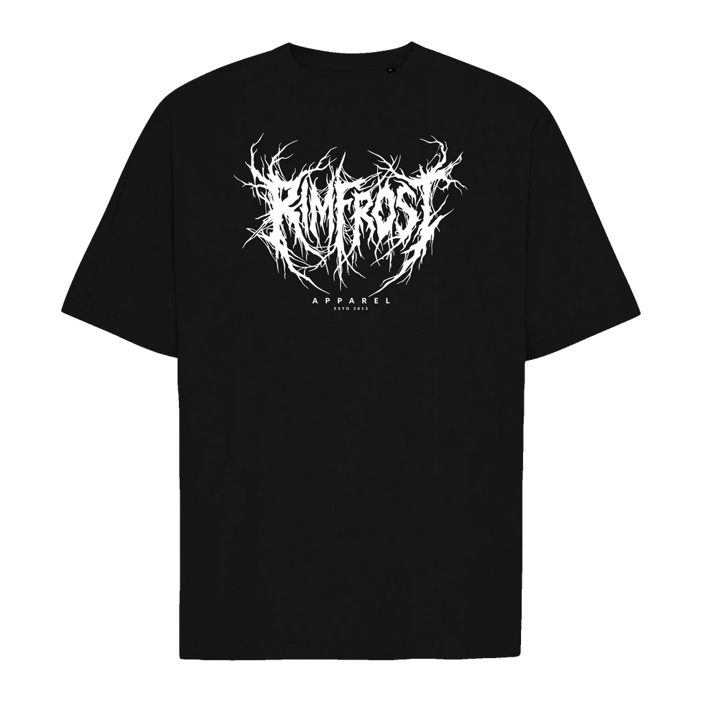 Black t-shirt with white graphic design on a white background