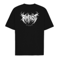 Black t-shirt with white graphic design on a white background