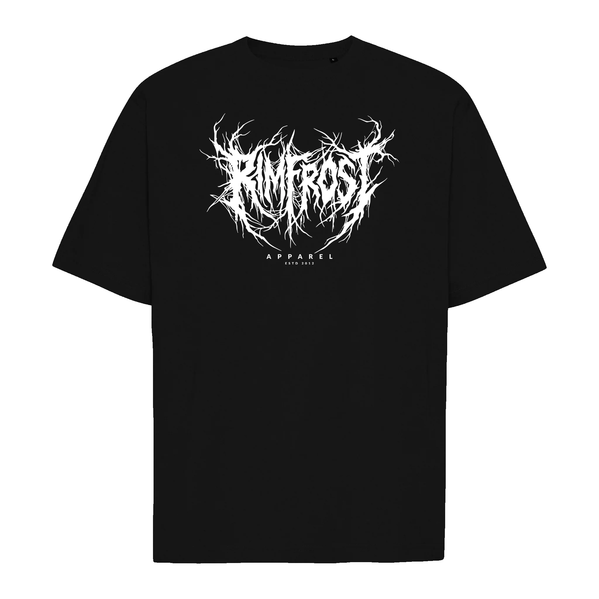 Black t-shirt with white graphic design on a white background