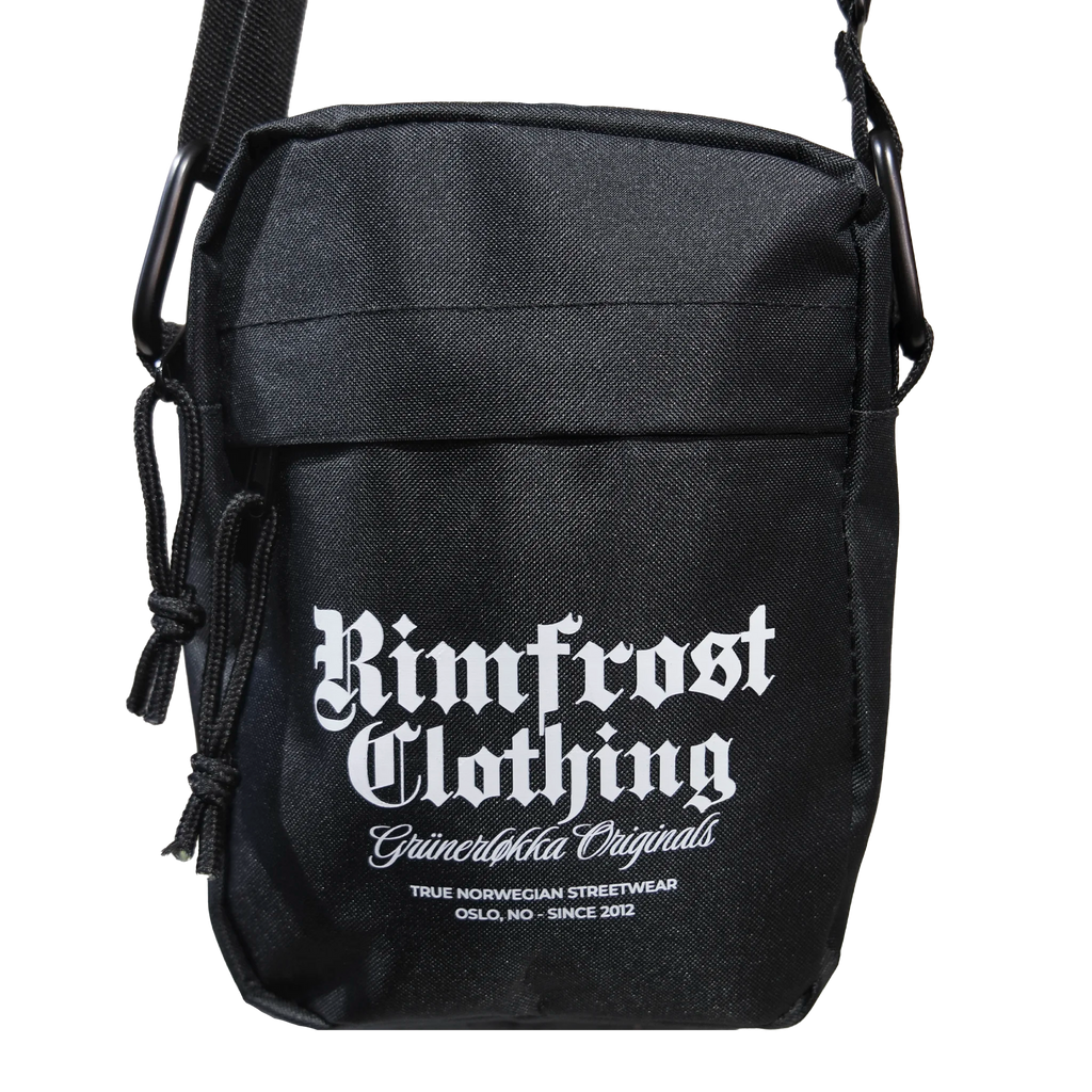 Black shoulder bag with 'Rimfrost Clothing' branding on a white background