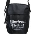 Black shoulder bag with 'Rimfrost Clothing' branding on a white background
