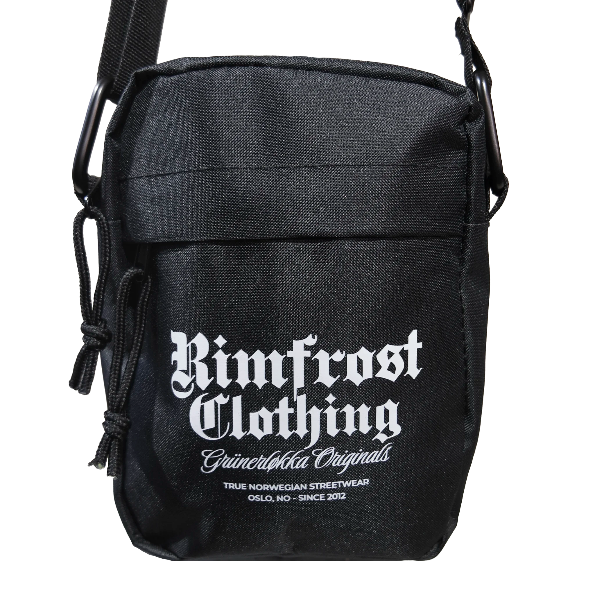 Black shoulder bag with 'Rimfrost Clothing' branding on a white background