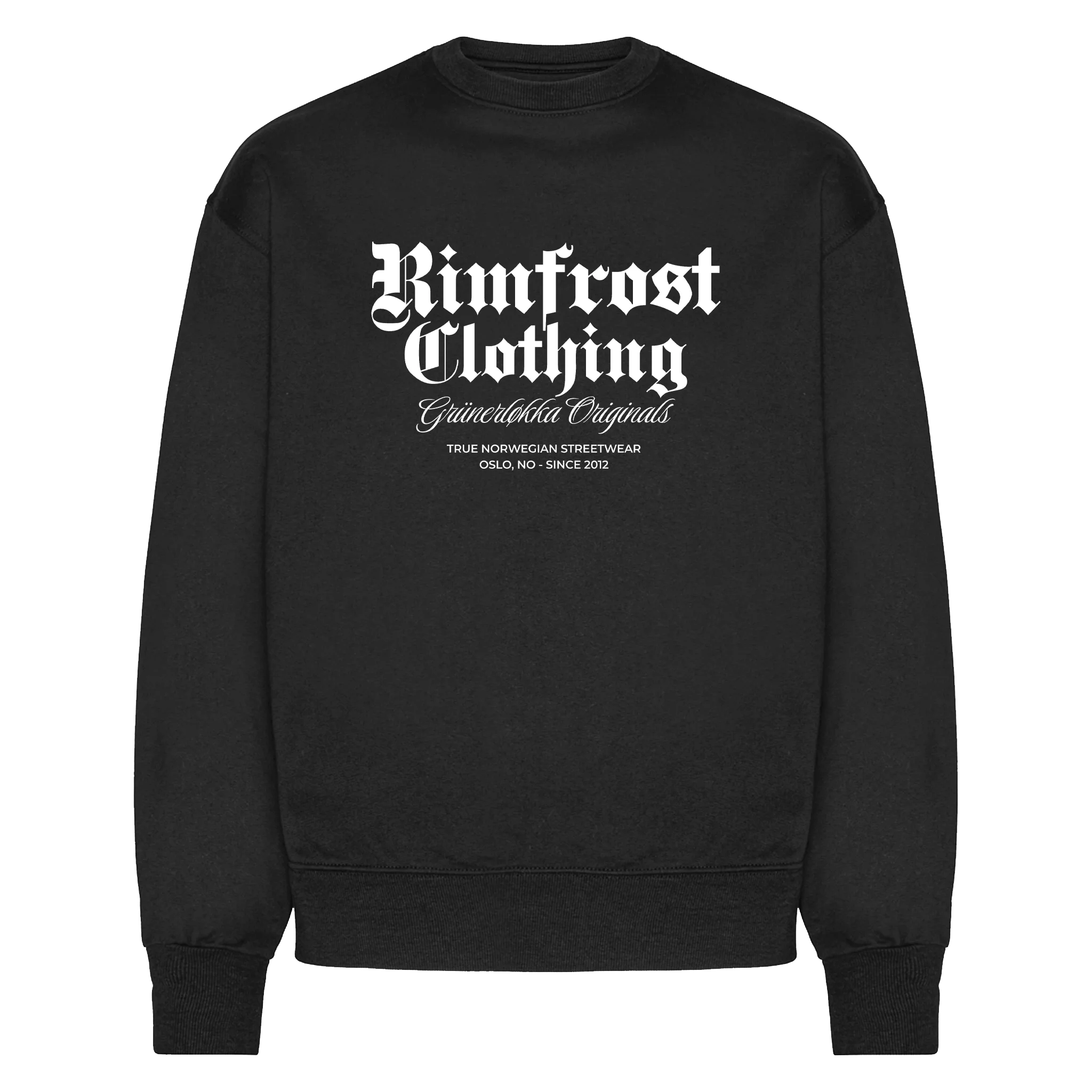 Black sweatshirt with white text on a white background