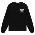 Black sweatshirt with a white logo on the chest against a white background
