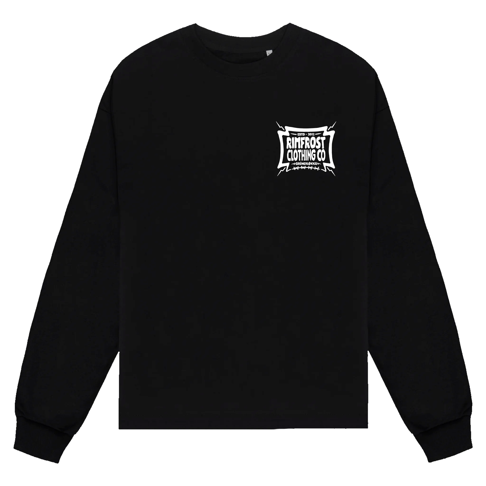 Black sweatshirt with a white logo on the chest against a white background