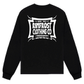 Black sweatshirt with white 'Rimfrost Clothing Co' logo on a white background