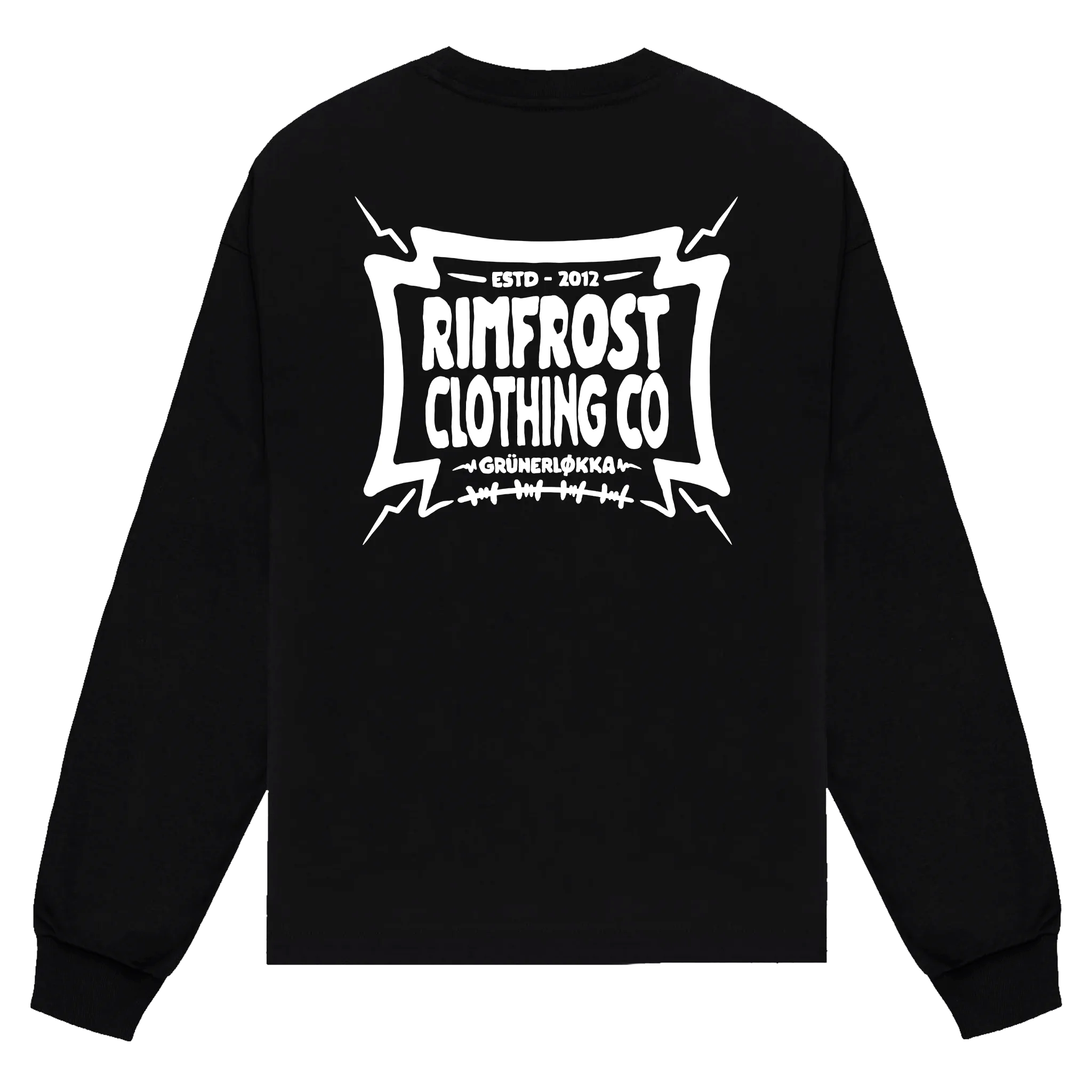 Black sweatshirt with white 'Rimfrost Clothing Co' logo on a white background