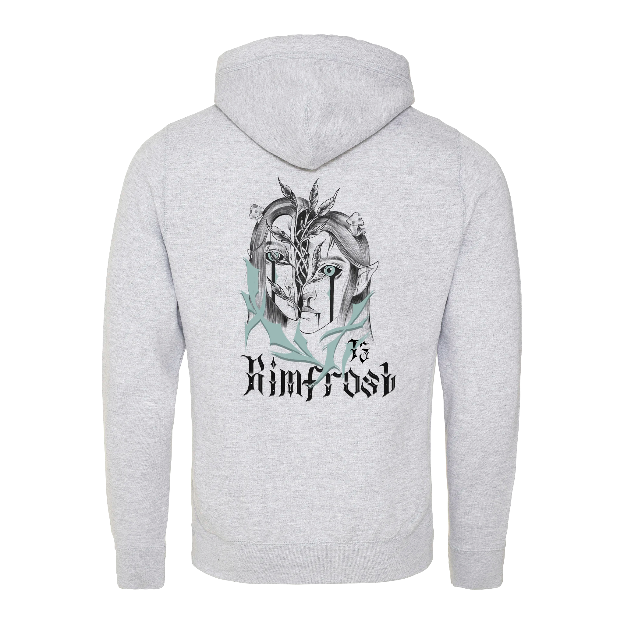 Gray hoodie with a design on the back on a white background