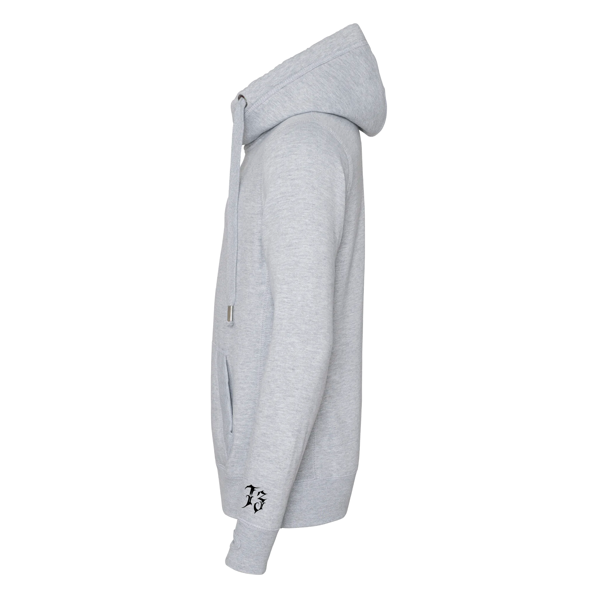 Gray hoodie with a brand logo on a white background
