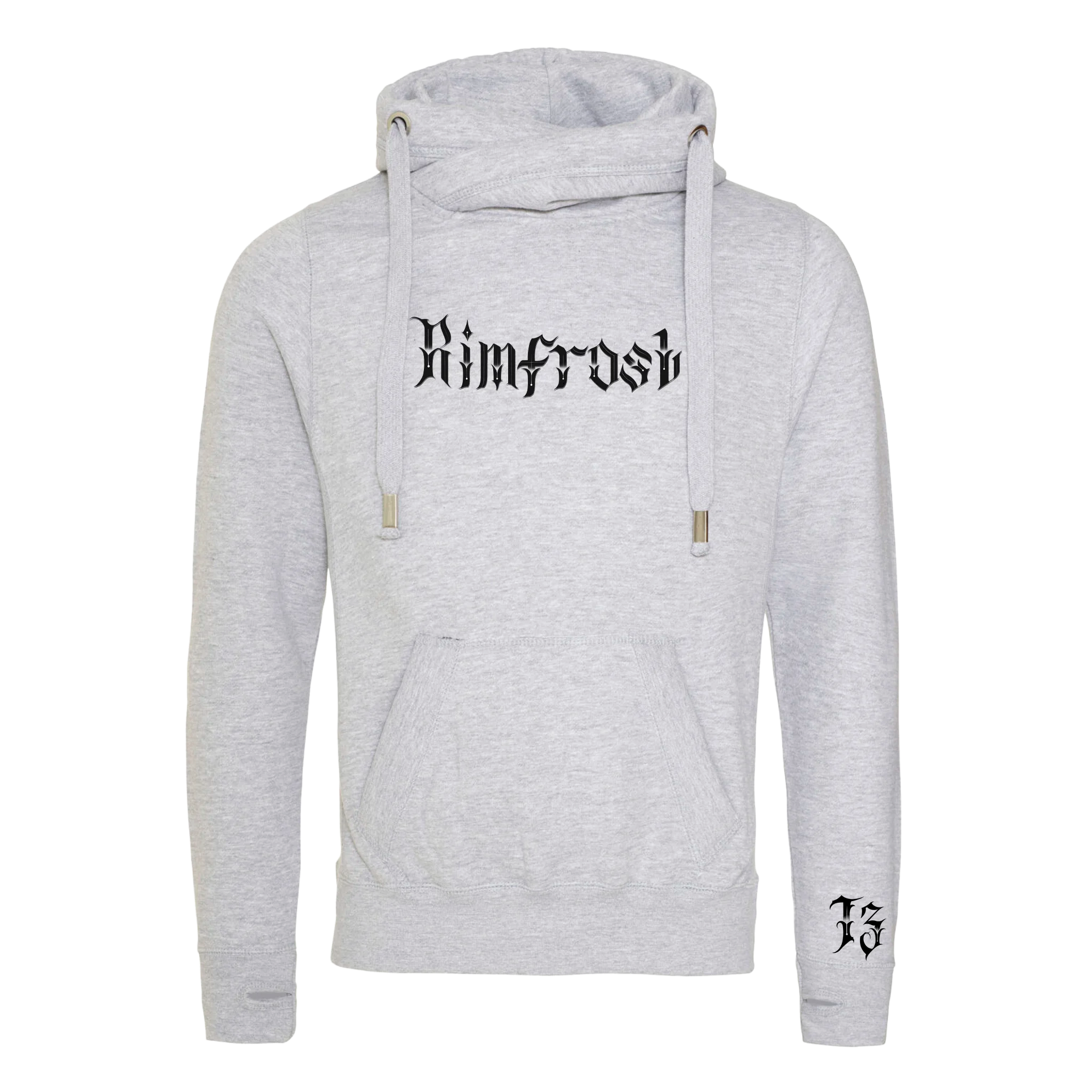 Gray hoodie with 'Rimfrost' branding on a white background