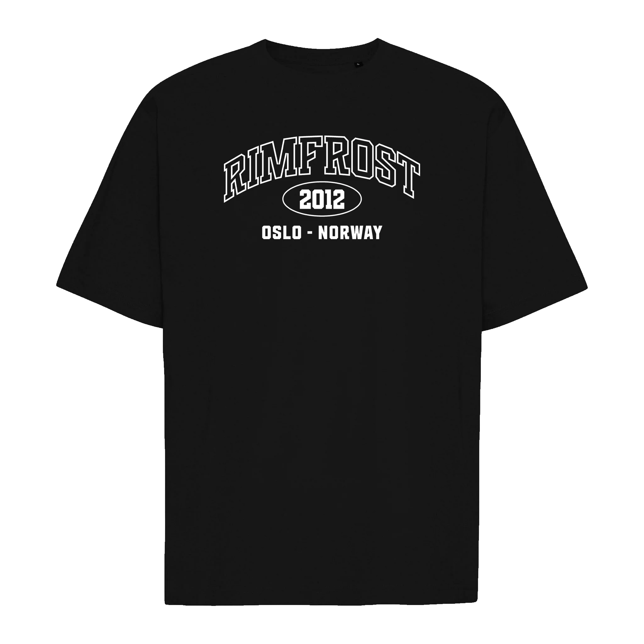 Black t-shirt with white text on a white background