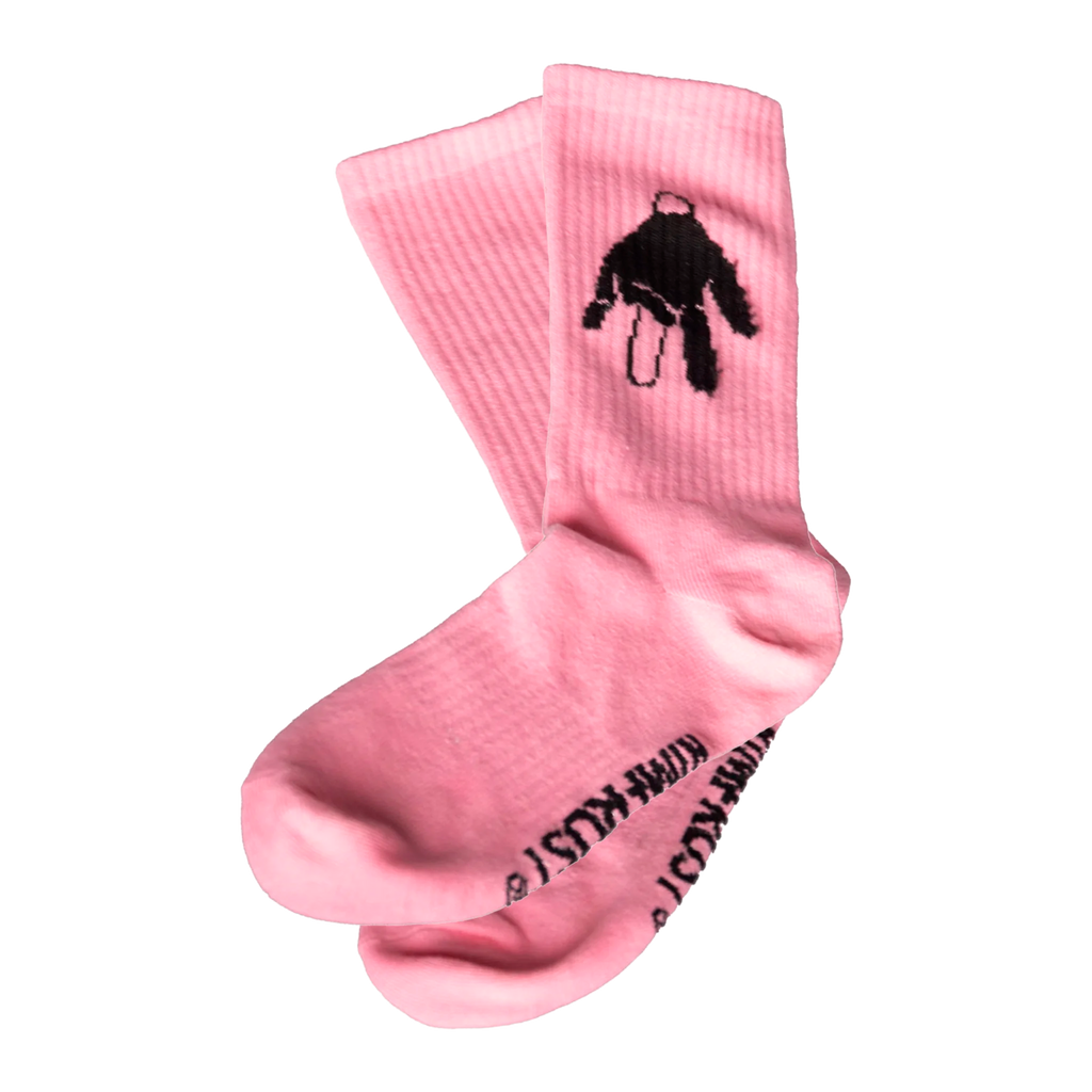 Pink socks with a black graphic design on a white background