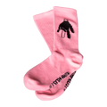 Pink socks with a black graphic design on a white background