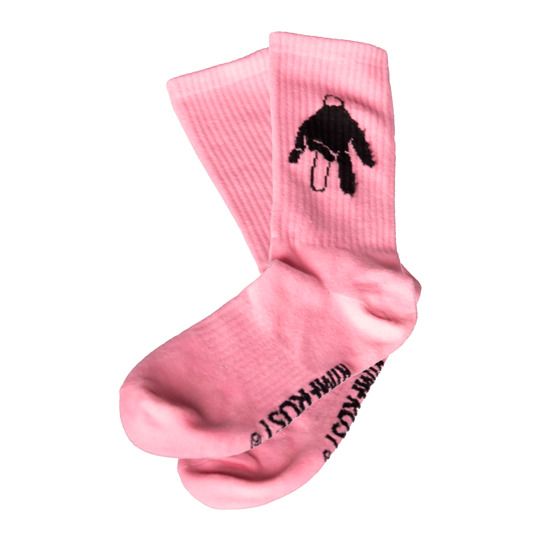 Pink socks with a black graphic design on a white background
