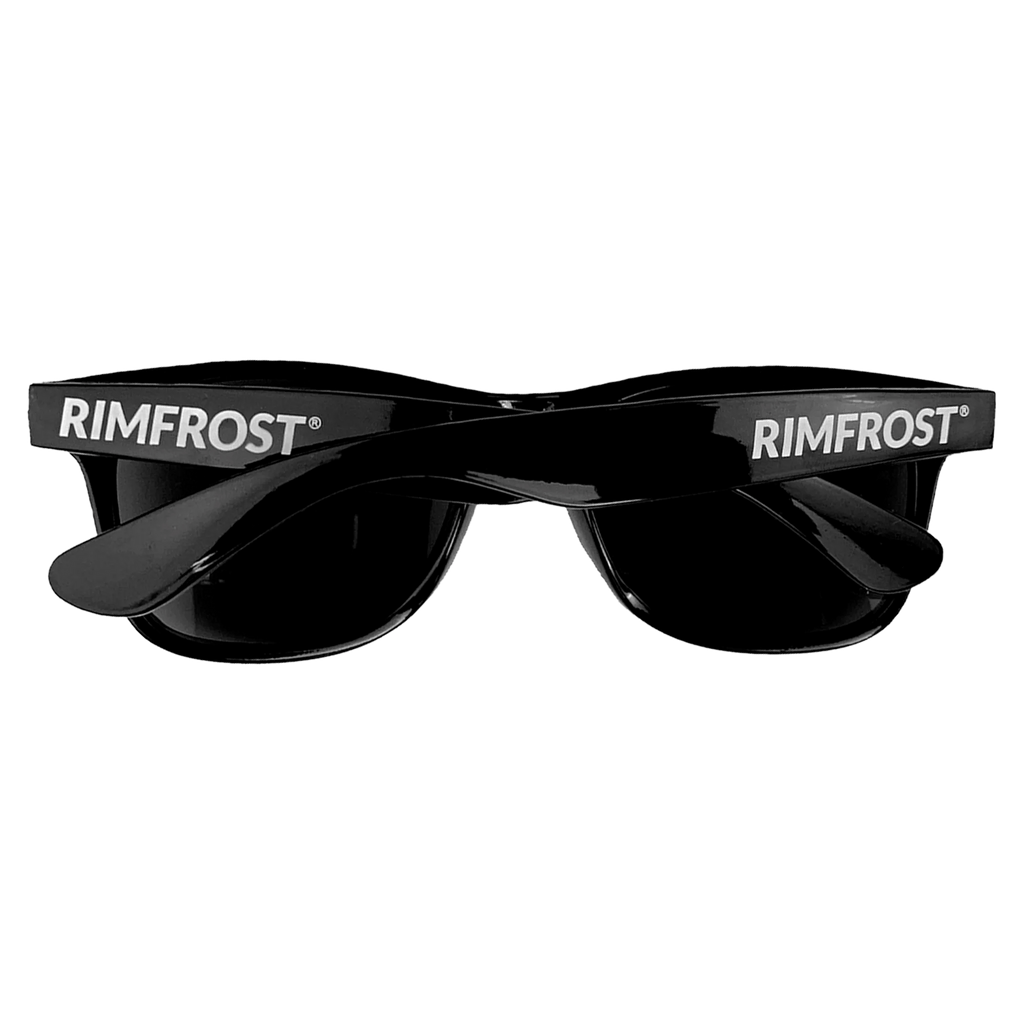 Black sunglasses with 'RIMFROST' branding on a white background
