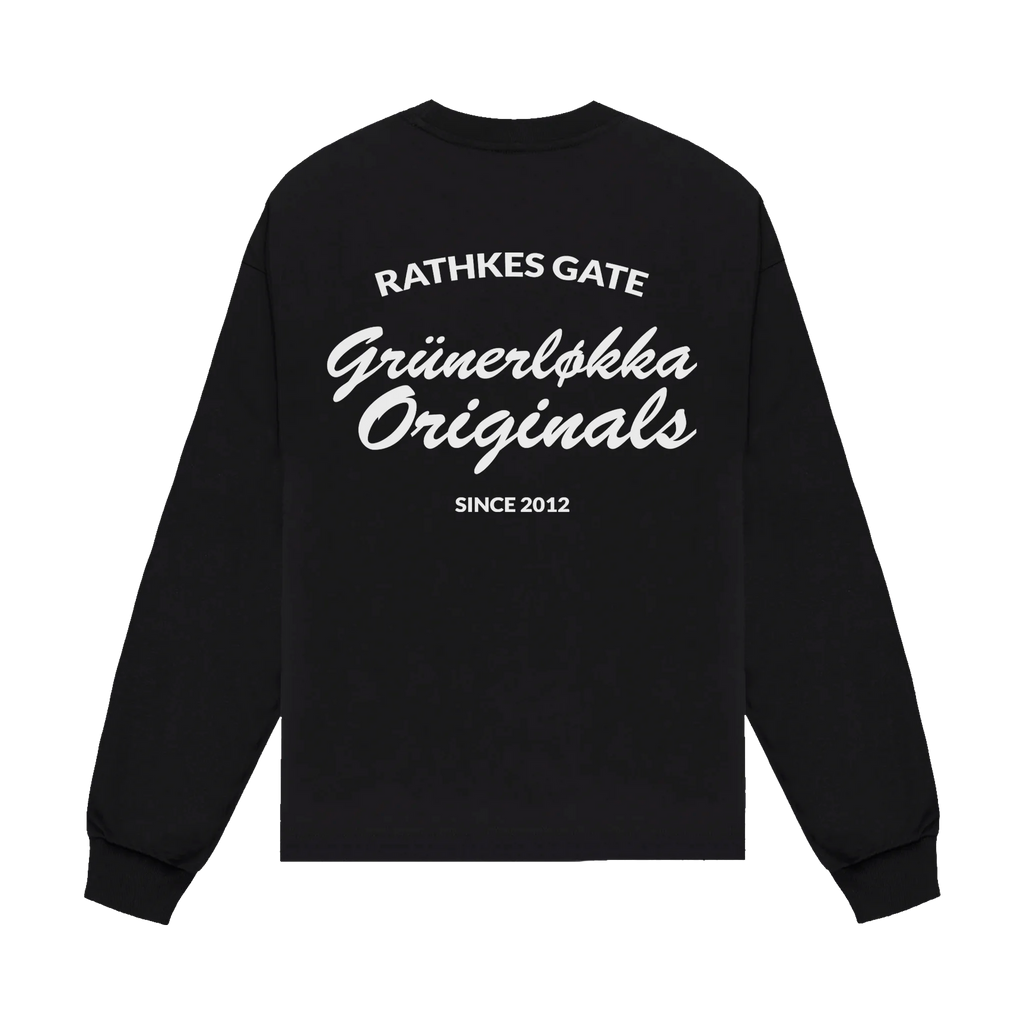 Black sweatshirt with white text on a white background