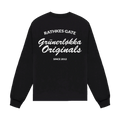 Black sweatshirt with white text on a white background