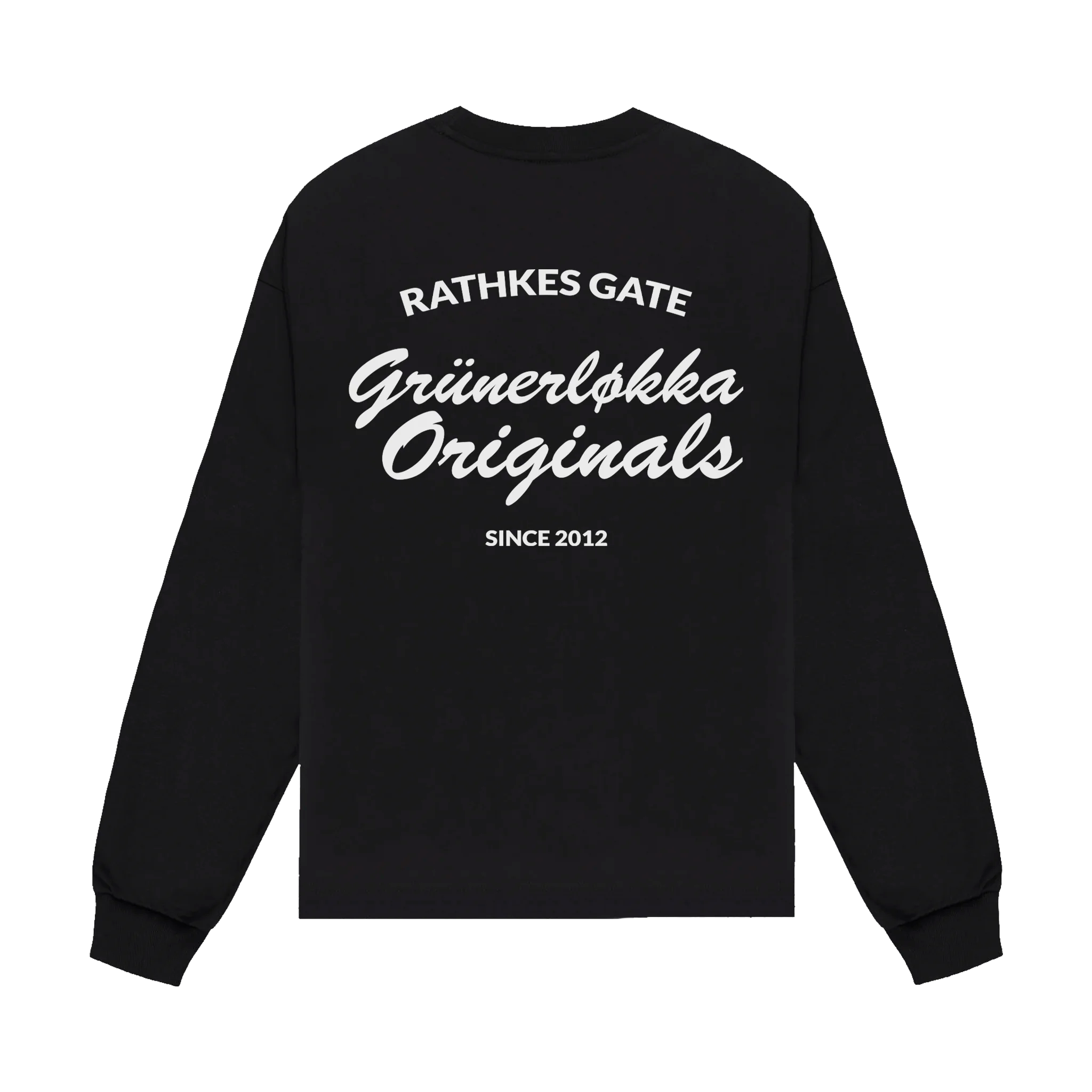 Black sweatshirt with white text on a white background