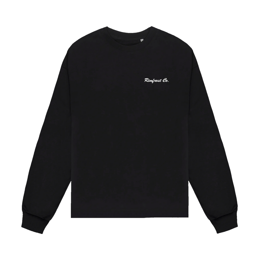 Black long-sleeve shirt with white text on a white background