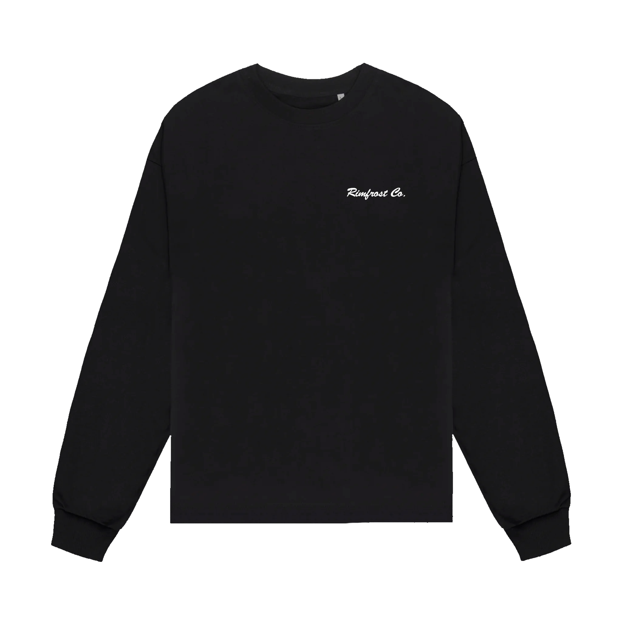 Black long-sleeve shirt with white text on a white background