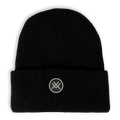 Black beanie with a logo on a white background