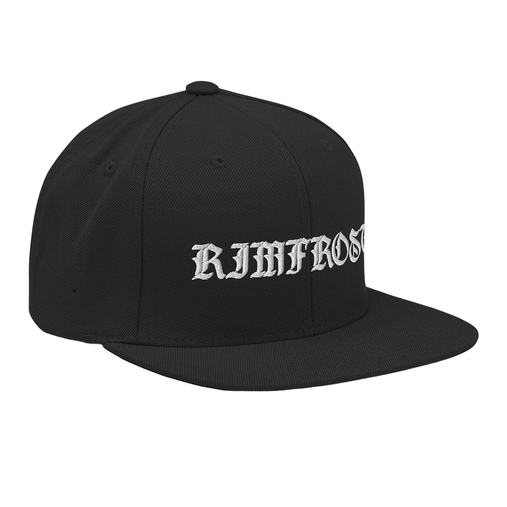 Black cap with 'RIMFROS' text on a white background