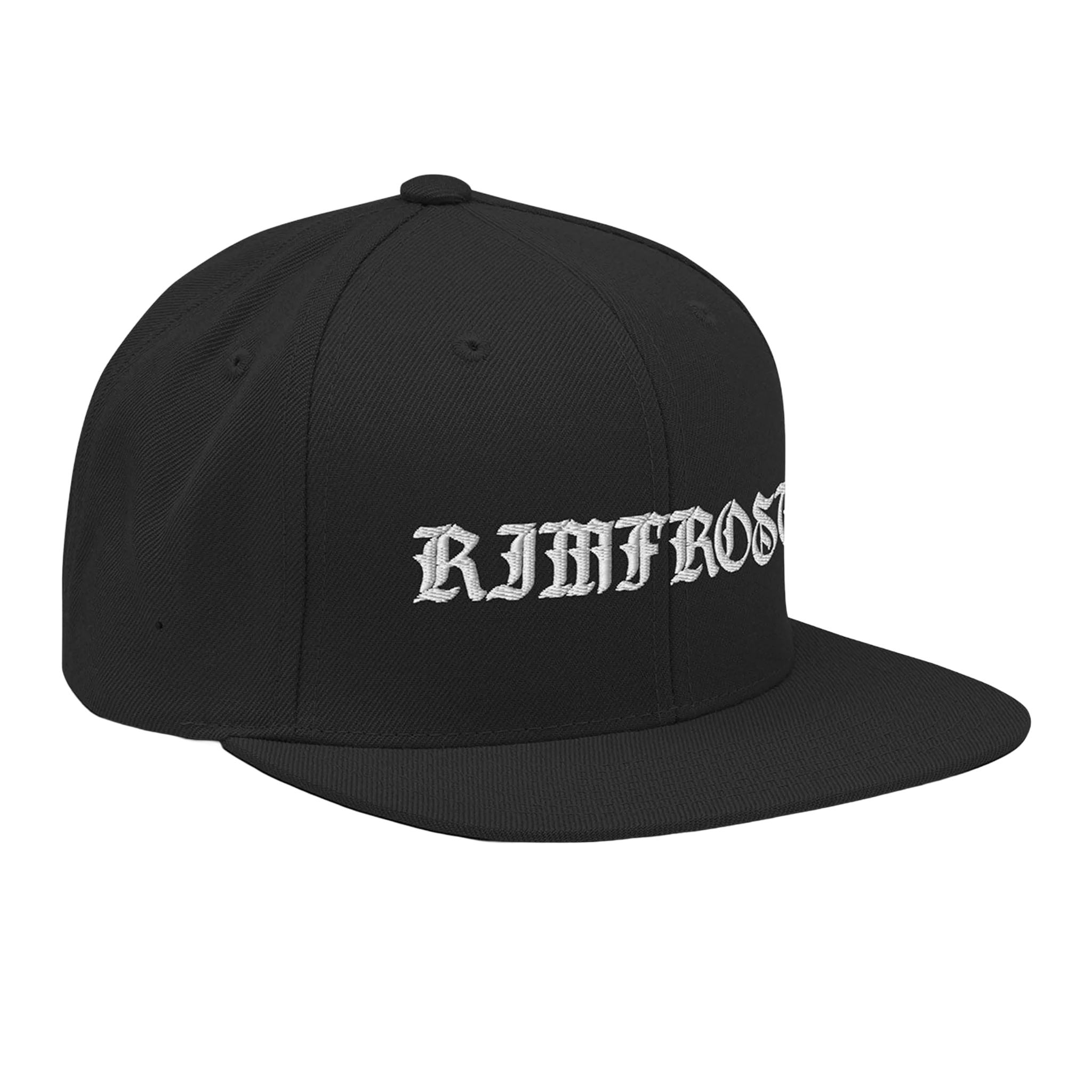 Black cap with 'RIMFROS' text on a white background