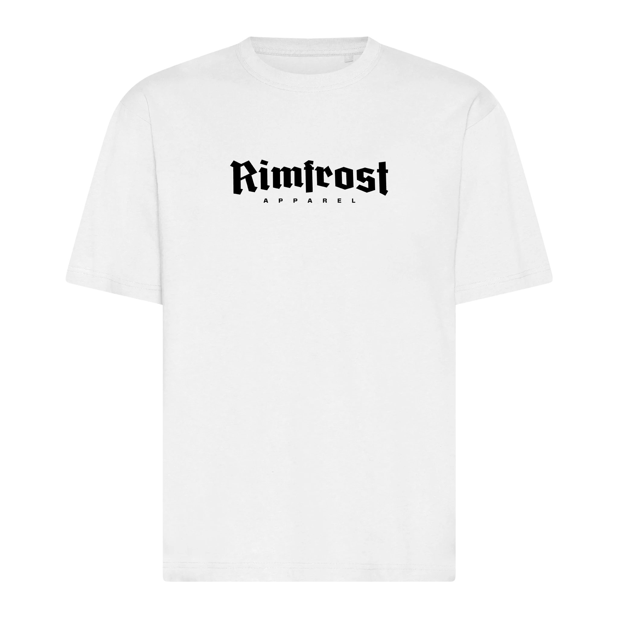 White t-shirt with 'Rimfrost Apparel' logo on a white background