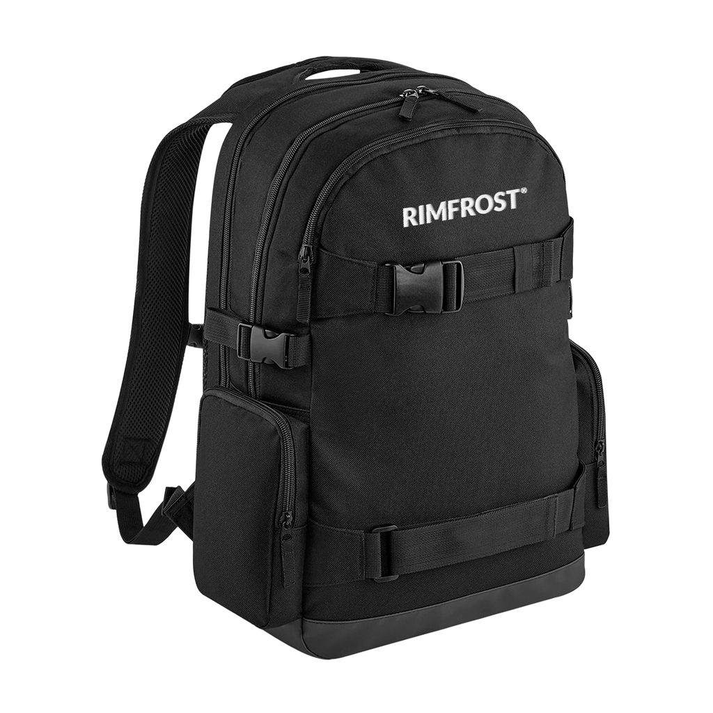 Black backpack with 'RIMFROST' branding on a white background