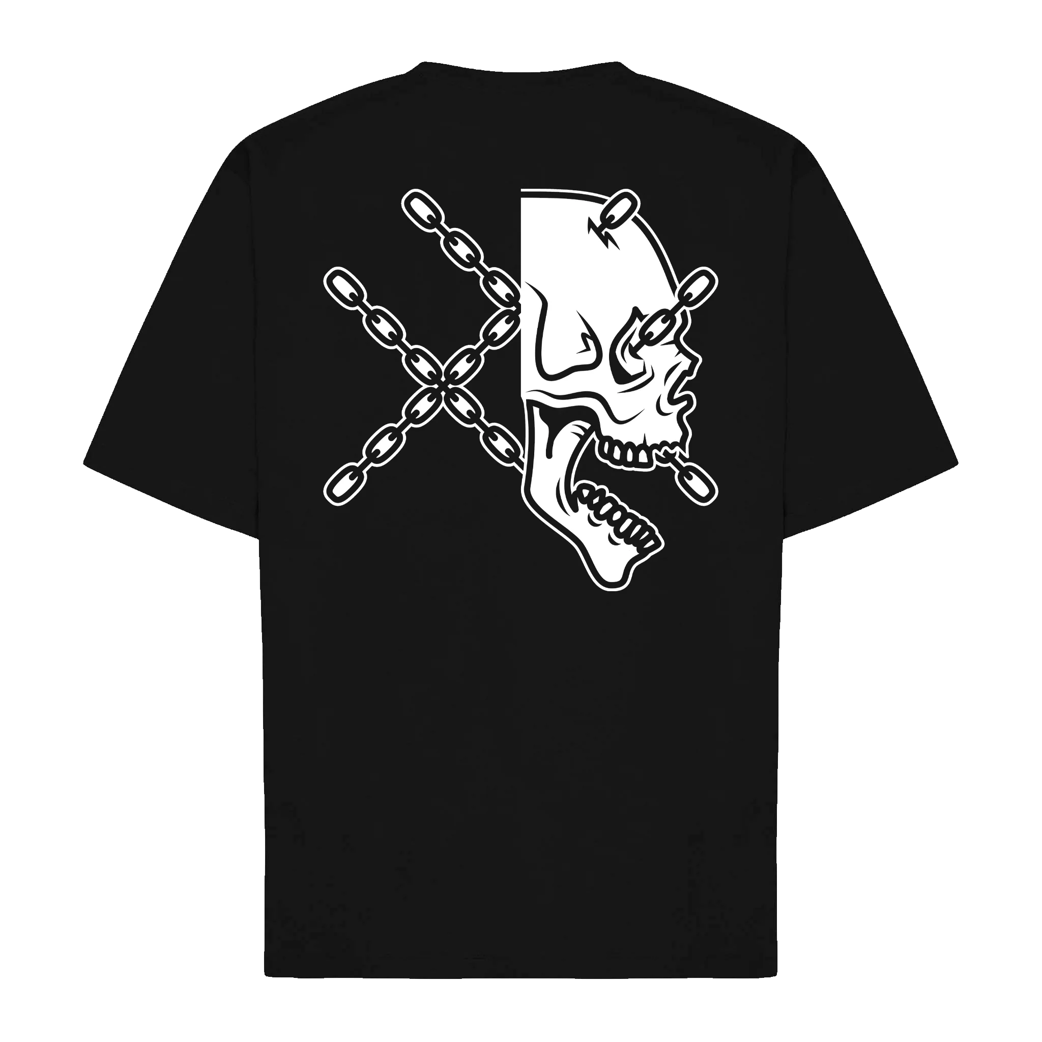 Black t-shirt with a white graphic design on the back featuring a skull and crossed chains.