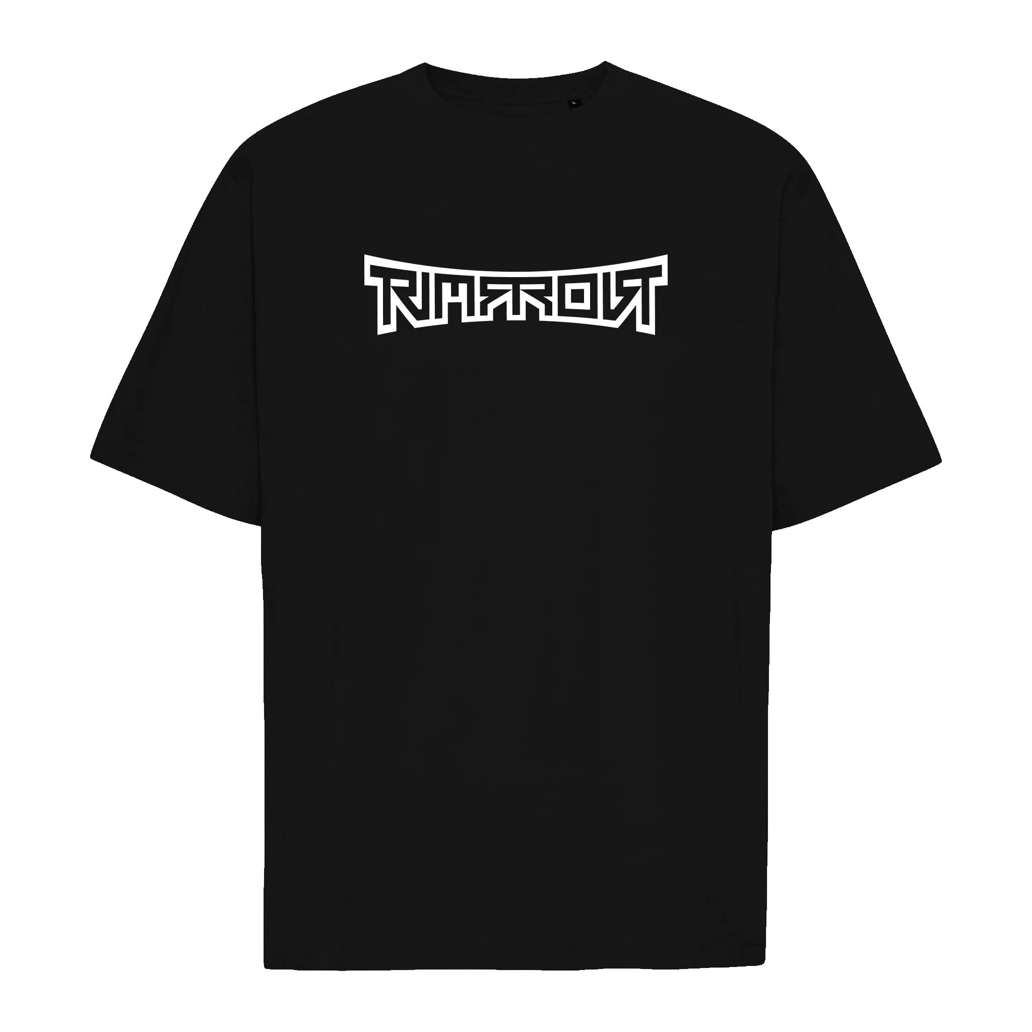 Black t-shirt with a white logo on a white background