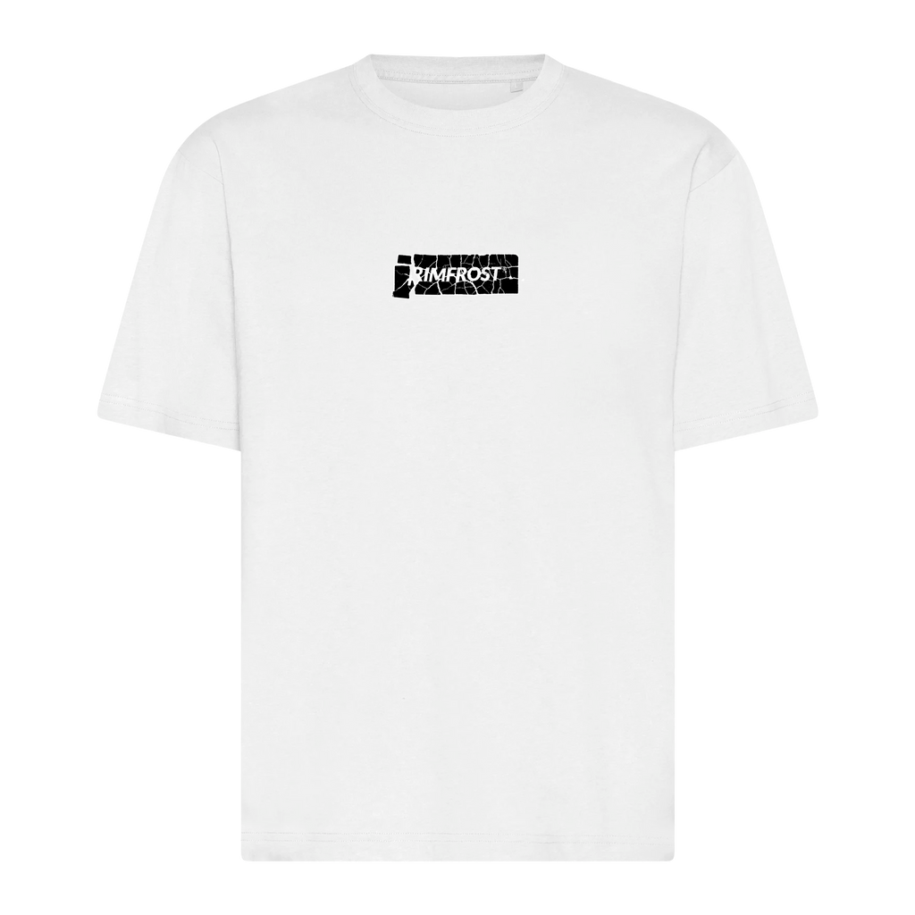 White t-shirt with a black logo on a white background