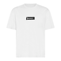 White t-shirt with a black logo on a white background