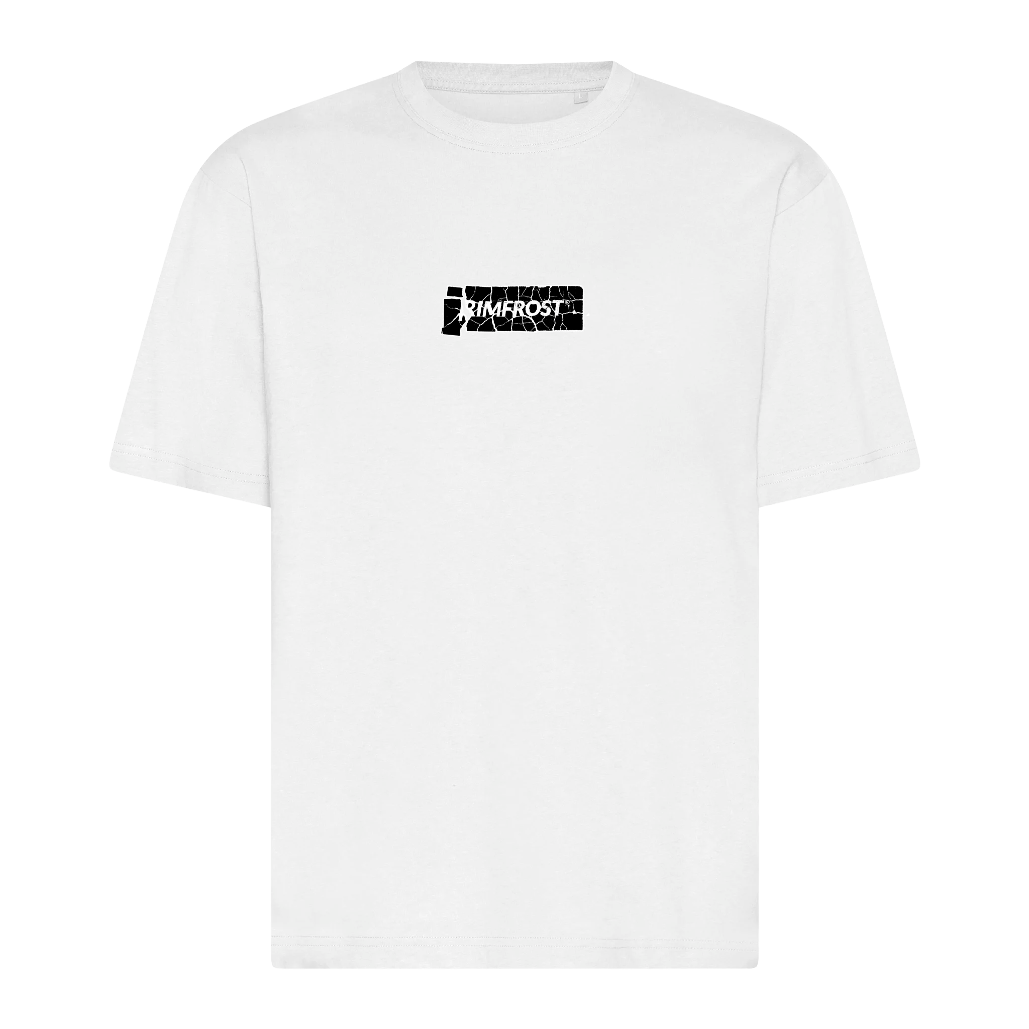 White t-shirt with a black logo on a white background