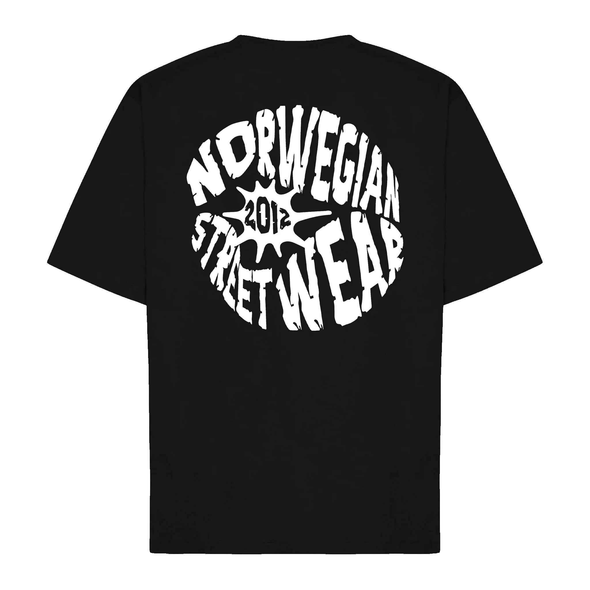 Black t-shirt with 'Norwegian Street Wear 2012' text on the back against a white background