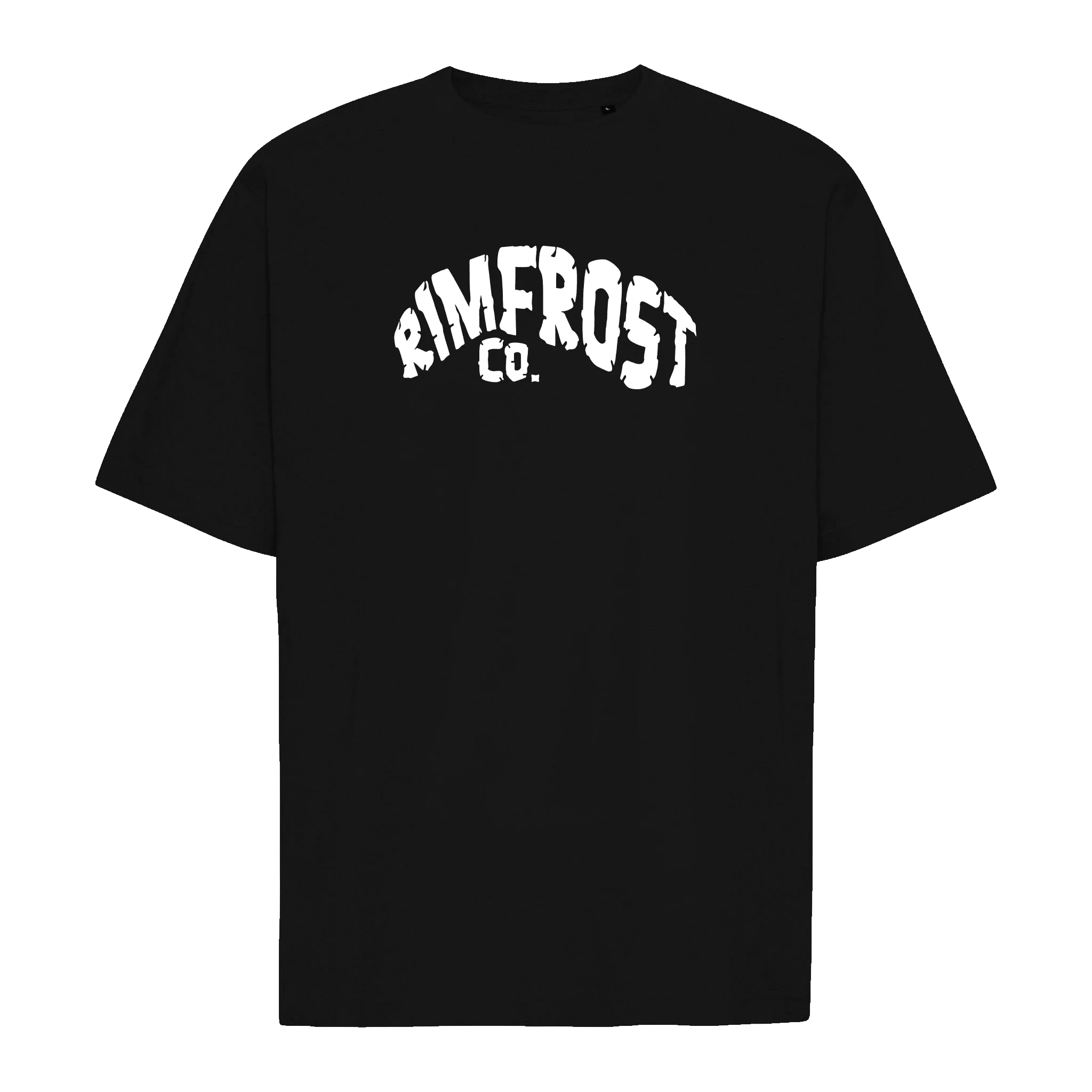 Black t-shirt with 'RIMFROST CO.' text on a white background