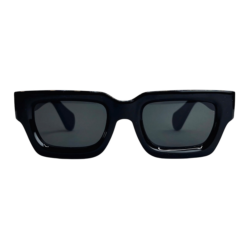 Black sunglasses with dark lenses on a white background