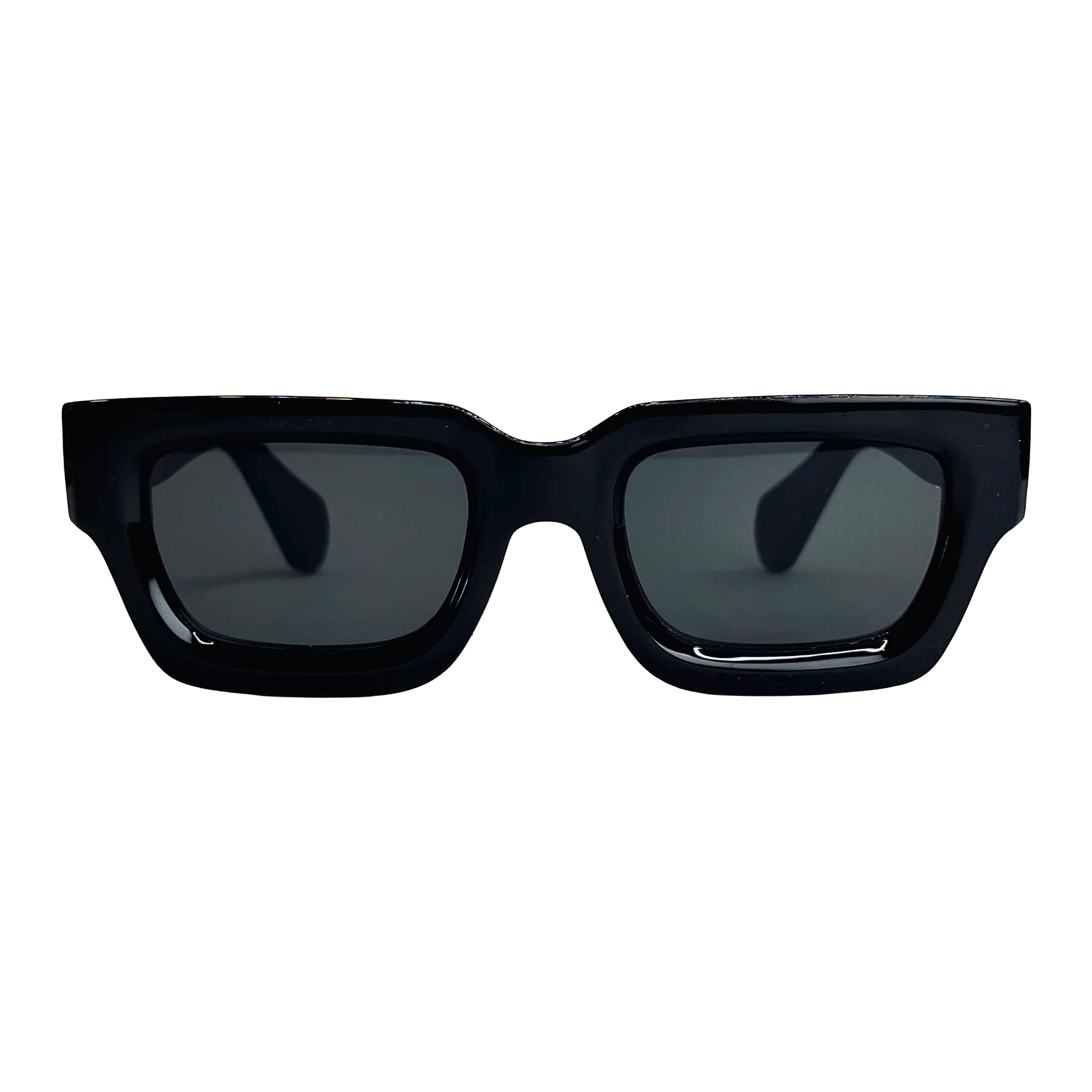 Black sunglasses with dark lenses on a white background