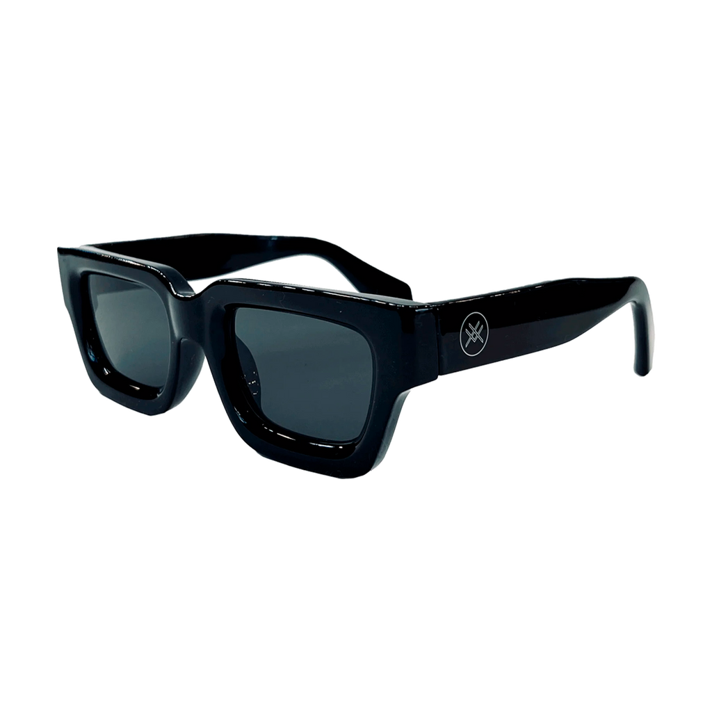 Black sunglasses with dark lenses on a white background