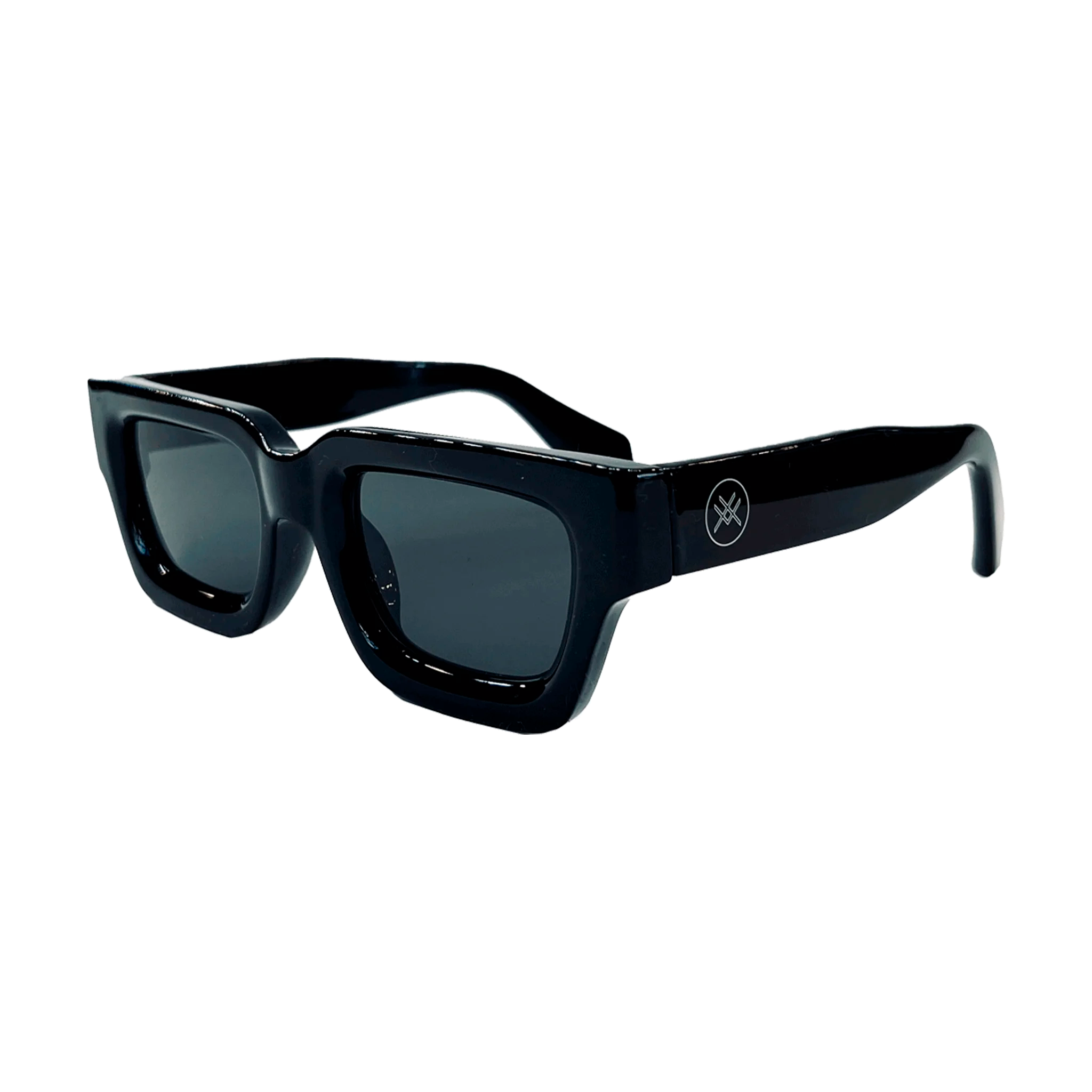 Black sunglasses with dark lenses on a white background
